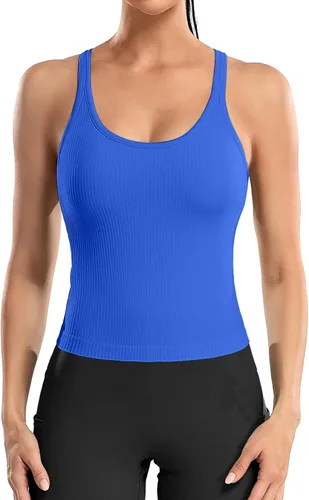 Miniatura 185 de ATTRACO Camiseta corta acanalada de entrenamiento para mujer con brasier integrado para yoga, espalda cruzada, ajuste ajustado