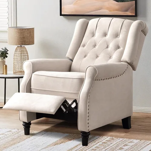 Miniatura 11 de Bonzy Home Sillón reclinable orejero de empuje hacia atrás, sillón tapizado de respaldo alto con patas de madera maciza, decoración con remaches