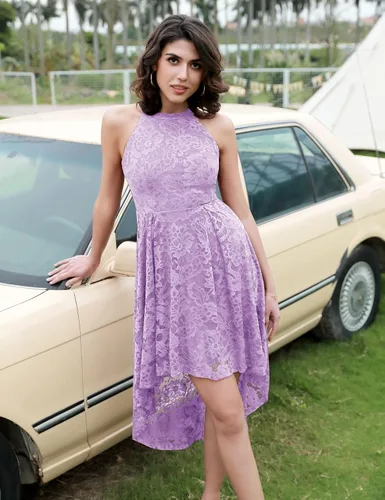Miniatura 5 de Dressystar - Vestido de fiesta y cóctel para mujer, diseño asimétrico con encaje floral y cuello halter, para dama de honor