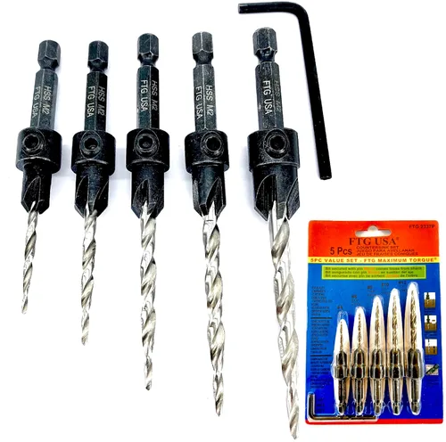 Miniatura 40 de FTG USA Juego de brocas avellanadoras de madera ajustable, 5 piezas, broca avellanadora #4 #6 #8 #10 #12 con broca cónica para carpintería