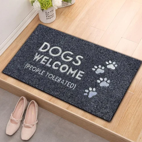 Miniatura 2 de Assaoy Tapete para puerta de exterior con texto en inglés "Dogs Welcome People", divertido tapete bordado negro para entrada, para interiores y Perro