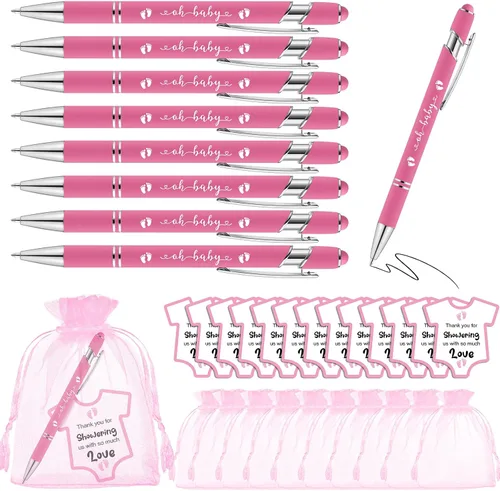 Colarr Juego de 36 recuerdos de baby shower: bolígrafos rosados con tarjetas y bolsas de organza para invitados regalo y fiesta de revelación de