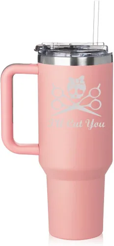 Miniatura 3 de Vaso de 40 onzas con asa y tapa con pajilla, taza de viaje aislada de acero inoxidable, taza de viaje I'll Cut You Hair Dresser Stylist (negro)