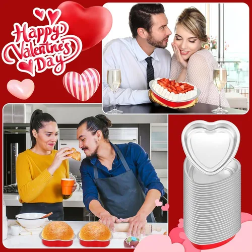 Miniatura 5 de Moldes grandes en forma de corazón para hornear, 20 juegos de recipientes desechables de papel de aluminio de 9 onzas con tapas, molde