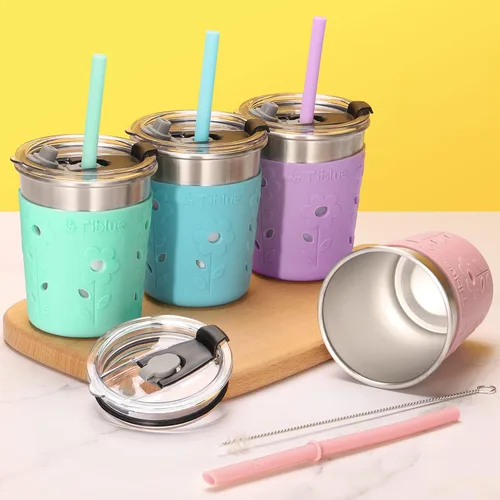 Miniatura 7 de Tiblue Vasos para batidos de acero inoxidable a prueba de derrames, con tapas a prueba de fugas, popote de silicona con tapón y manga, sin BPA
