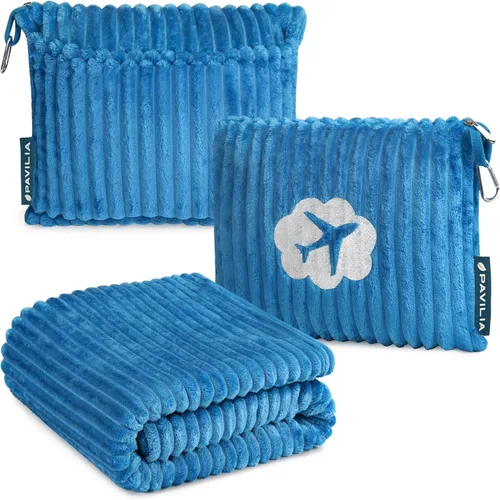 Miniatura 12 de PAVILIA Manta de viaje y almohada, suave manta de avión de forro polar acanalado con bolsa, manta compacta de avión plegable de 65 x 40 pulgadas