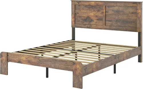 Miniatura 8 de Base de cama de tamaño matrimonial con cabecero, plataforma de madera rústica con soporte de 12 listones de madera, no necesita somier, sin ruido