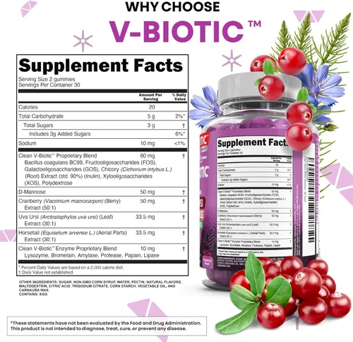 Miniatura 5 de Clean Nutraceuticals Probióticos Vaginales para Mujeres Gomitas con Arándano Rojo, Uva Ursi, Cola de Caballo, D-Manosa, Prebióticos y Enzimas