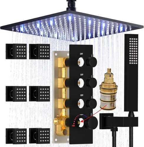HOMEDEC Sistema de ducha de lluvia LED de 16 pulgadas, válvula desviadora termostática de 3 vías con 6 pulverizadores corporales, todas las Negro