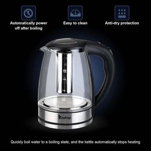 Miniatura 7 de Hervidor de té eléctrico de vidrio de 1.8 L, hervidor de agua eléctrico de hervido rápido, caldera de agua caliente y calentador de té, con luces