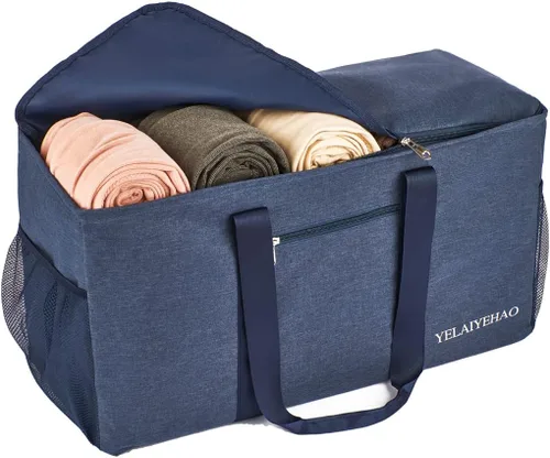 Miniatura 5 de YELAIYEHAO 2 bolsas de mano grandes para uso general, bolsa de asas plegable plegable Azul oscuro