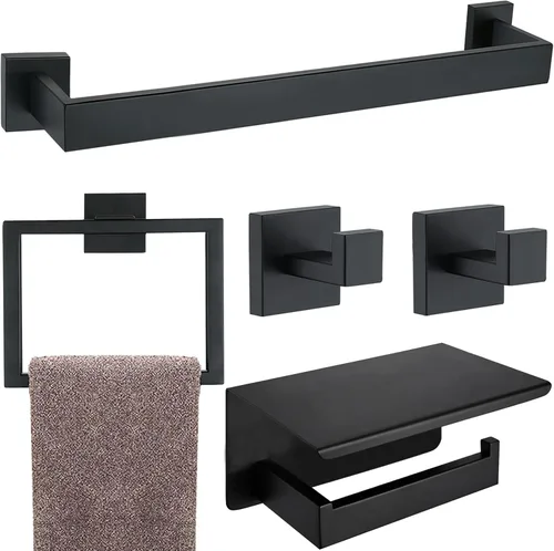 Juego de 5 piezas de accesorios de ferretería para baño en negro mate, juego de toalleros cuadrados de 16 pulgadas para baño, juego de barras de