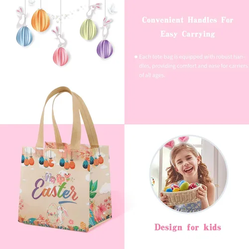 Miniatura 4 de Paquete de 12 bolsas de caza de huevos de Pascua de 8 x 8 x 6 pulgadas, 6 diseños únicos, diseño colorido de huevos de conejito de primavera, bolsas