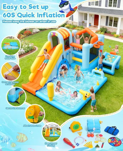 Miniatura 6 de Toboganes acuáticos inflables 24 en 1 con diseño de cueva de tiburón de unicornio, casa de rebote para patio trasero de niños con soplador, piscina