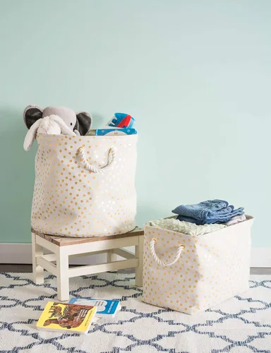 Miniatura 4 de DII Contenedor de almacenamiento de poliéster, colección metálica dorada plegable con asas, grande y redondo, color blanco hueso natural Blanquecino
