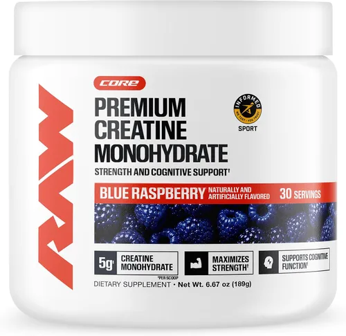 RAW Nutrition Polvo de monohidrato de creatina, sabor frambuesa azul (30 porciones) - Suplemento de monohidrato de creatina micronizado para