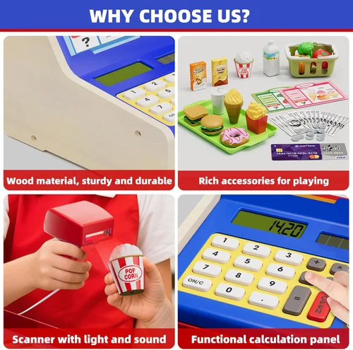 Miniatura 7 de HYES Caja registradora de madera para niños, supermercado de juego de simulación recargable y restaurante de comida rápida, caja registradora