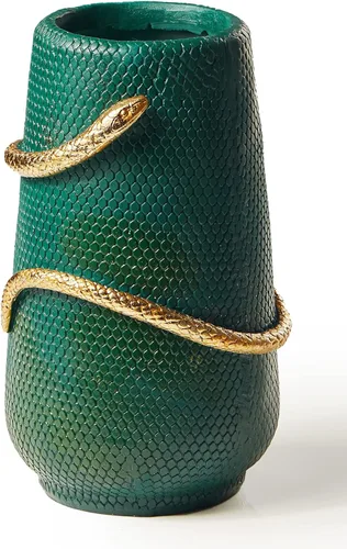 Florero de 8 pulgadas verde y dorado con serpientes para decoración, florero único para estantería, mesa de comedor, sala de estar, repisa de