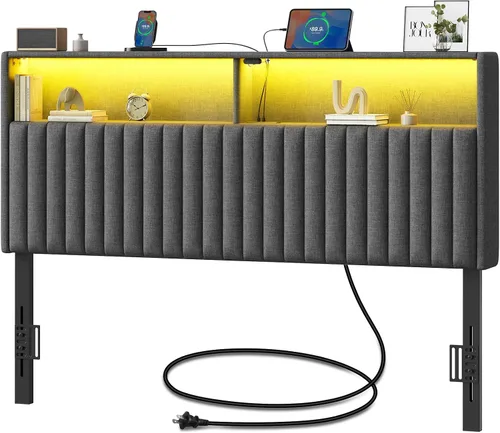 Rolanstar Cabecero para cama tamaño Queen con almacenamiento, cabecero tapizado en tela de lino con puerto USB y Tipo C, 60,000 colores DIY de luz