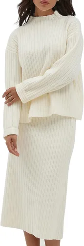 Miniatura 2 de CHYRII Womens Fashion Two Piece Outfits Mock Neck Oversized Sweater Tops Skirt Sets Sweater Dress Lounge Set
