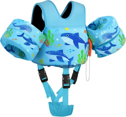 MoKo - Chaleco de natación para niños pequeños de 6.8 a 25.4 kg, con alas de natación para charco, con correa para la entrepierna, alas de natación
