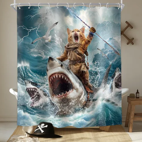 Miniatura 15 de Divertida cortina de ducha con diseño de gato de surf, tiburón, divertida, náutico, océano, océano, mar, ondas, animales, novedad, 72 pulgadas