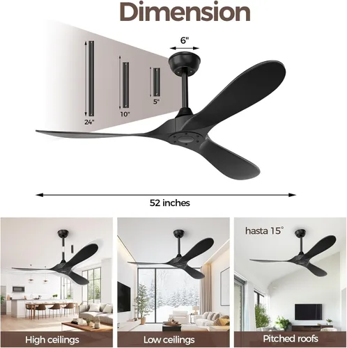 Miniatura 2 de Obabala Ventilador de techo negro para exteriores, ventiladores de techo de 52 pulgadas, sin luz con control remoto, 3 cuchillas, motor CC