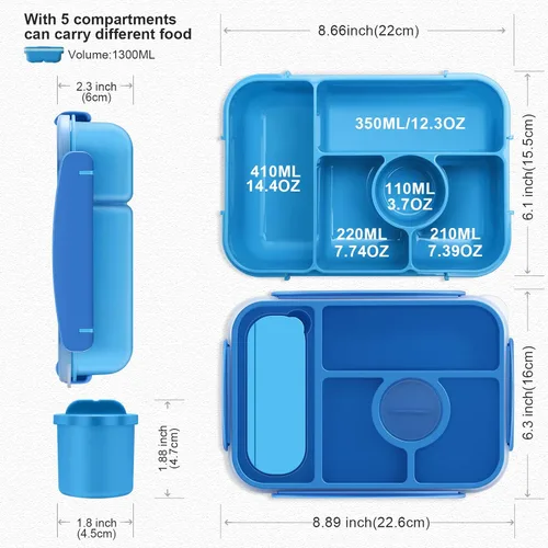 Miniatura 4 de Amathley Caja Bento para Adultos y Niños, Contenedores de Almuerzo para Adultos/Niños/Niños Pequeños, Caja de Almuerzo Bento de 5 Compartimentos