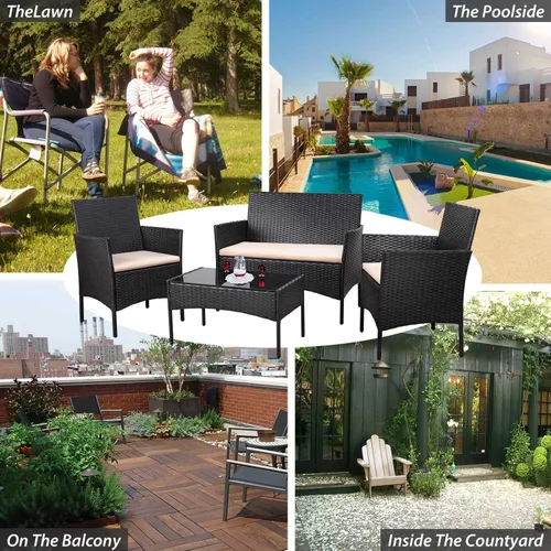 Miniatura 5 de Homall Juego de 4 muebles de patio al aire libre, sillas de mimbre, para uso en interiores y exteriores, patio, porche, jardín, piscina, balcón