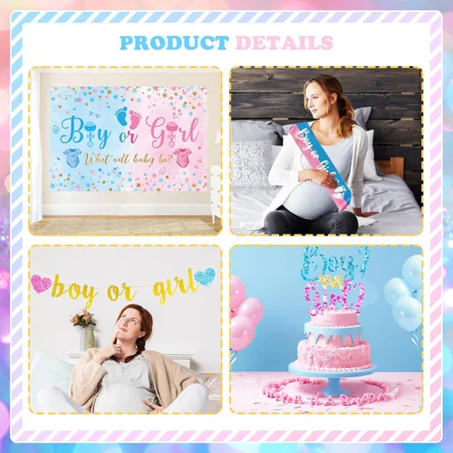 Miniatura 4 de Hombae - 170 piezas de decoraciones para revelación de género “cajas de bebé”, con fondo, guirnalda de globos, pancarta, mantel