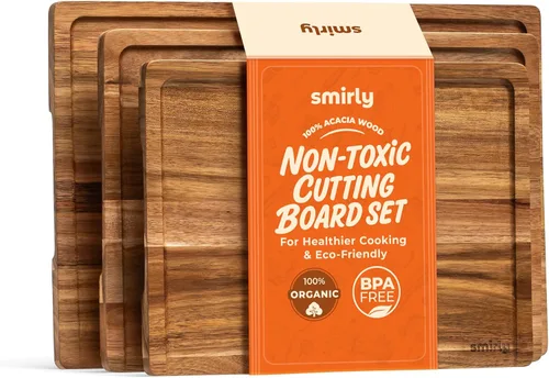Miniatura 16 de SMIRLY - Tabla de corte grande de acacia para cocina: tabla de cortar de madera grande con ranura para jugos, tablas de cortar de madera para 15