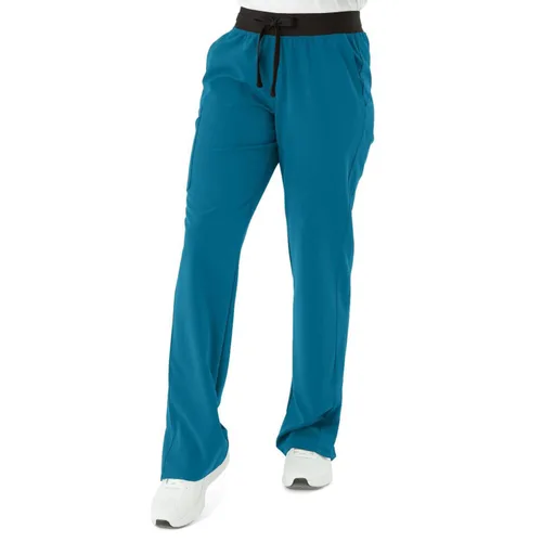 Miniatura 7 de ave. Varick - Pantalón médico de tiro medio para mujer, pierna recta, seis bolsillos, color azul caribeño, talla S