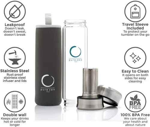 Miniatura 5 de Pure Zen Tea Botella de té de doble tapa de vidrio - Termo de té de acero inoxidable