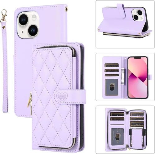 Funda tipo cartera para iPhone 13 de 6.1 pulgadas con tarjetero con cremallera, correa para el hombro y correa para la muñeca, bolso cruzado,