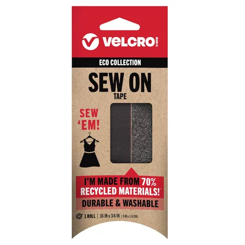 Cintas VELCRO Brand ECO Collection, Cinta para Coser 36 pulgadas x 3/4 pulgadas, Materiales Sostenibles 70% Reciclados, Duraderos y Lavables, Negro