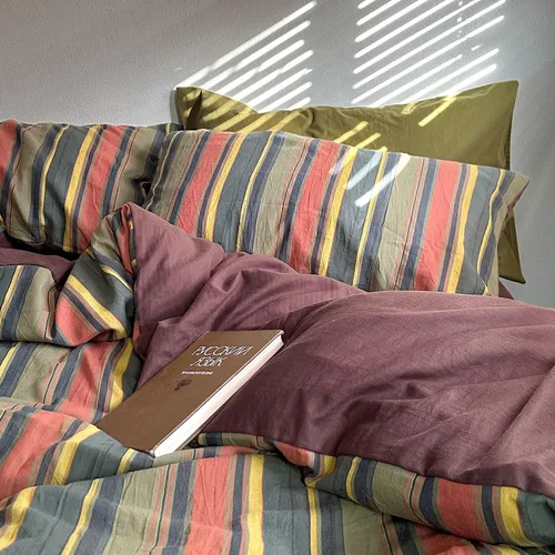 Miniatura 7 de mixinni Juego de funda de edredón vintage a rayas, tamaño twin, juego de ropa de cama de 3 piezas, 100% algodón lavado, suave y transpirable, funda