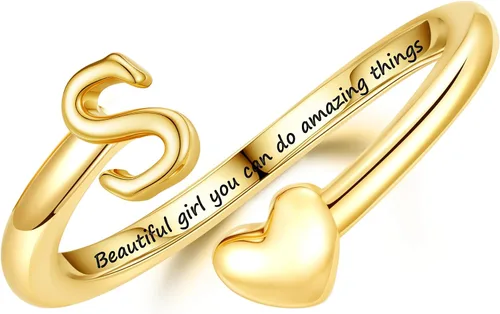 Miniatura 24 de Turandoss Regalos para el día de San Valentín para adolescentes, anillos de oro para niños, chapados en oro de 14 quilates con inicial para letra A