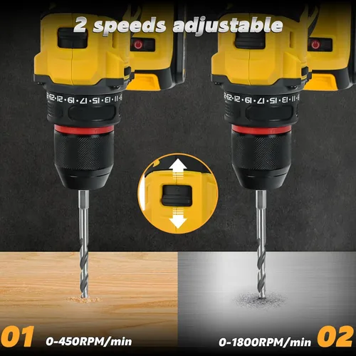 Miniatura 4 de Taladro inalámbrico, taladro eléctrico para batería Dewalt de 20 V, destornillador sin escobillas con 2 velocidades variables, par de torsión 25+1