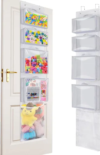 Woodoulogy Almacenamiento de juguetes colgantes sobre la puerta, organizador de animales de peluche en bloques con 4 bolsas de casos extraíbles,