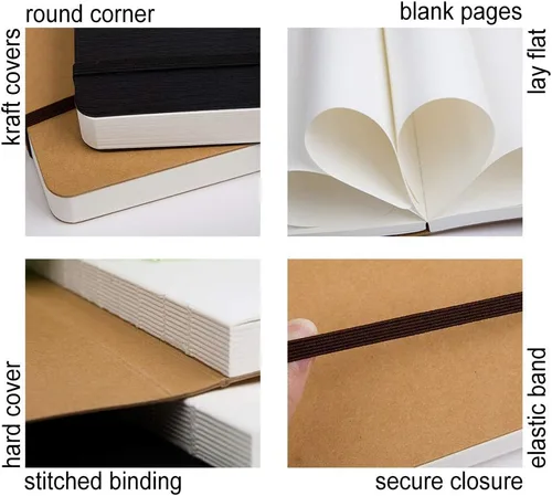 Miniatura 2 de CooLeathor Cuaderno en Blanco A5 - 5.8 x 8.25 Pulgadas, Libro de Bocetos con Tapa Dura de Papel Kraft y Cierre Elástico, 80 Hojas / 160 Páginas