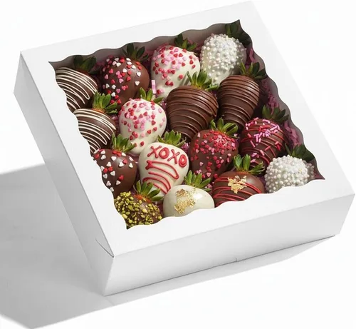 RomanticBaking 28 cajas de panadería de 9 x 9 x 2.5 pulgadas con ventana para pastel, fresas cubiertas de chocolate, corazón quebradizo, galletas,