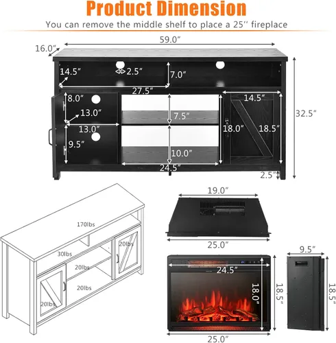 Miniatura 4 de Tangkula Soporte eléctrico para TV con chimenea, para televisores de hasta 65 pulgadas, con chimenea sintética empotrada de 25 pulgadas y 1350 W, 3