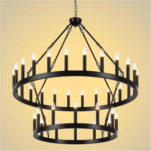 Miniatura 19 de Candelabro de dos niveles en negro, rueda de vagón grande, 54 luces, lámpara colgante de granja redonda de 152 cm, iluminación rústica para comedor