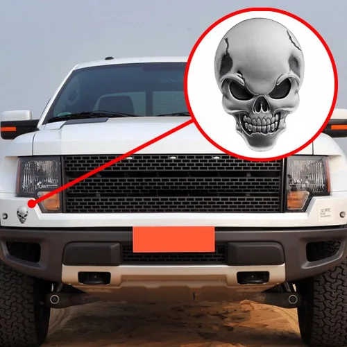 Miniatura 6 de Calcomanía 3D con emblema de calavera de hueso cromado con logotipo, guardabarros, automóvil, motocicleta (ojos negros plateados, paquete de 2)