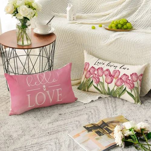 Miniatura 4 de AVOIN colorlife Hello Love - Juego de 4 fundas de almohada para bicicleta, diseño de tulipanes rosados, 16 x 16 pulgadas, diseño de flores