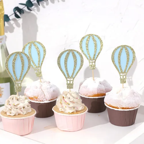 12 decoraciones para cupcakes de globo aerostático – Decoración para cupcakes con purpurina, decoración de baby shower, suministros de fiesta de