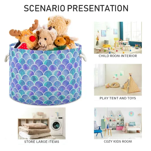 Miniatura 4 de Cesta de almacenamiento redonda grande – Organizador de lona con revestimiento de lona de sirena colorida, contenedor de almacenamiento de juguetes