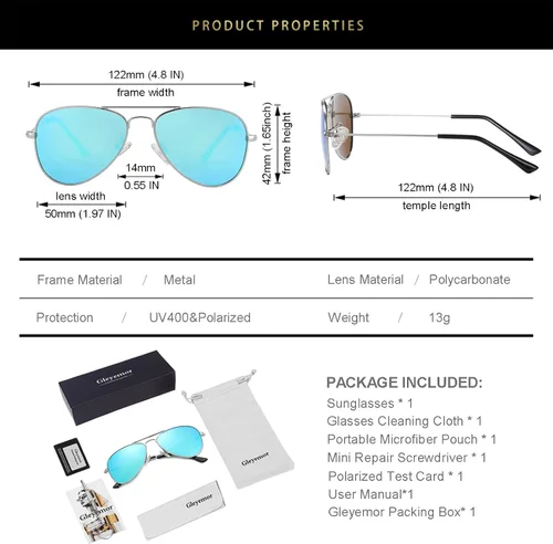 Miniatura 13 de Gleyemor Lentes de sol polarizados estilo aviador para niños y niñas, jóvenes, adolescentes, dos tamaños de 1.969 in y 2.047 in