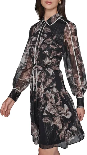 Miniatura 3 de Karl Lagerfeld Vestido camisero de gasa arrugado estampado de manga larga para mujer