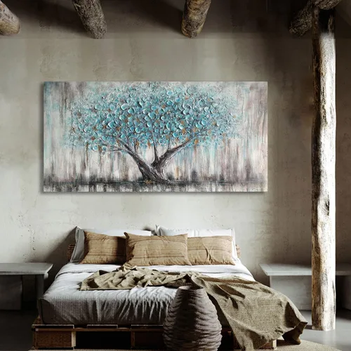 Miniatura 4 de Arjun Arte de Pared en Lienzo de Árbol para Sala de Estar, Árbol de la Vida Azul, Naturaleza Verde Azulado, Pintura Abstracta con Textura, Cuadro